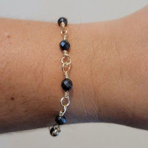 Hematite Gold Tone Chain Wire Wrapped Bead Bracelet, Gold Tone, Handmade